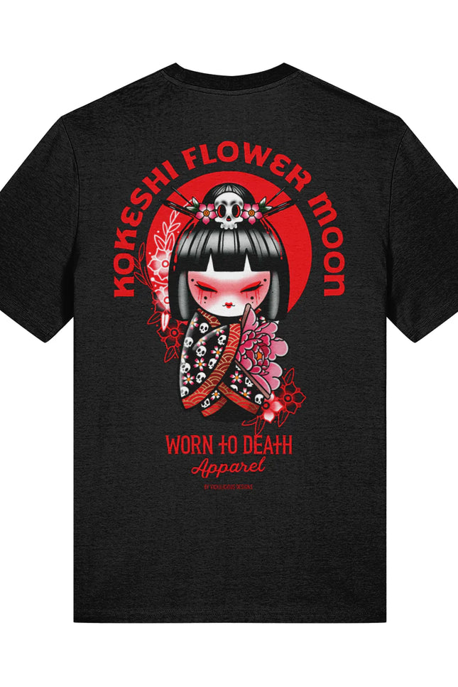 Kokeshi Flower Moon - Cute & Creepy Gang Black T-shirt - Front & Back Print