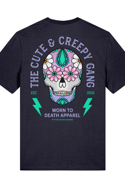 Dead Cute Sugar Skull | Daisy Eyes | Front & Back Print Navy T-shirt