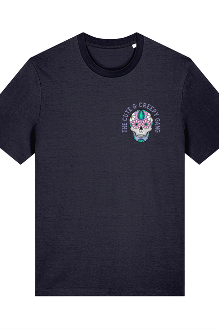 Dead Cute Sugar Skull | Daisy Eyes | Front & Back Print Navy T-shirt