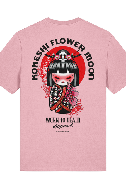 Kokeshi Flower Moon | Front & Back Print Pink T-shirt