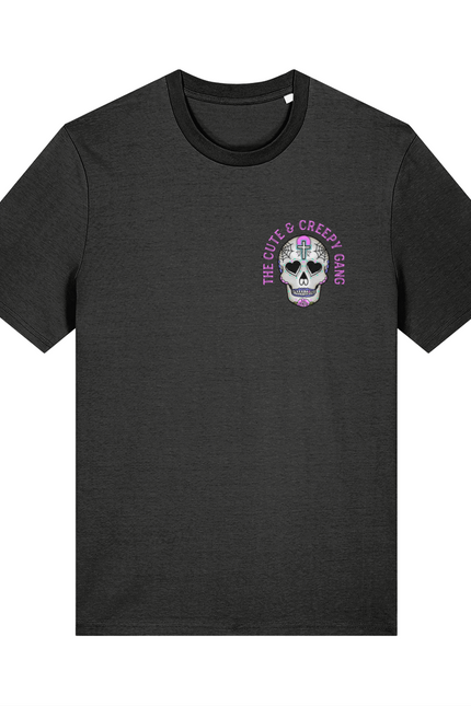 Dead Cute Sugar Skull Pink Cross & Rose | Back & front Print Grey T-shirt