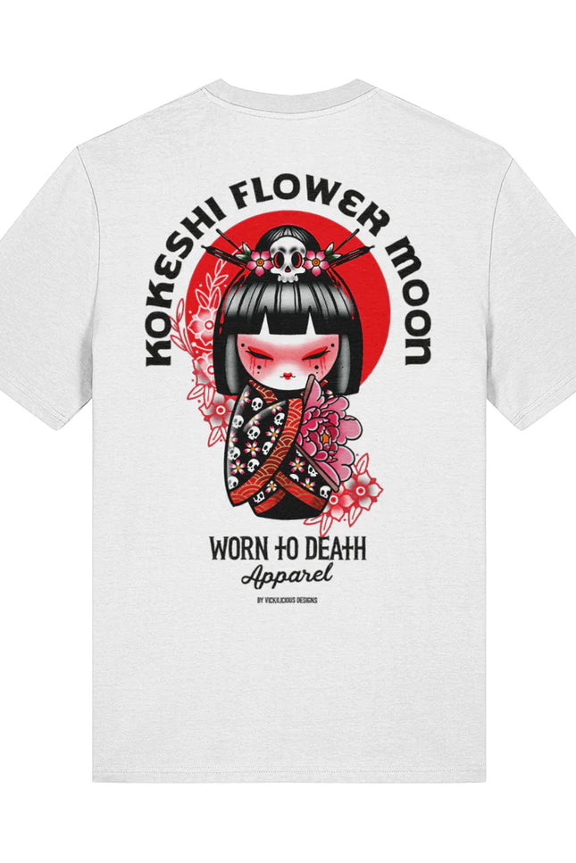 Kokeshi Flower Moon | Front & Back Print White T-shirt